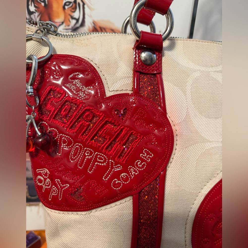 Coach Cream Tote with Red Heart Accents and Straps - Picture 6 of 15